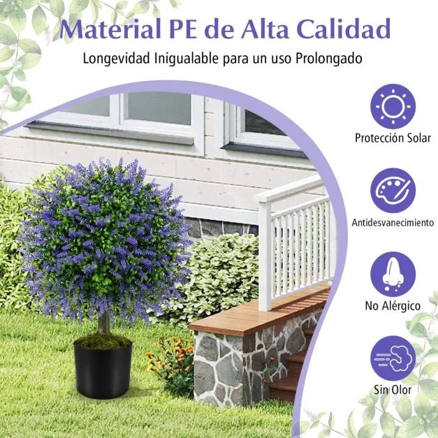 Conjunto de 2 árvores artificiais de lavanda em bola de 58 cm com vaso preenchido com cimento Verde e roxa