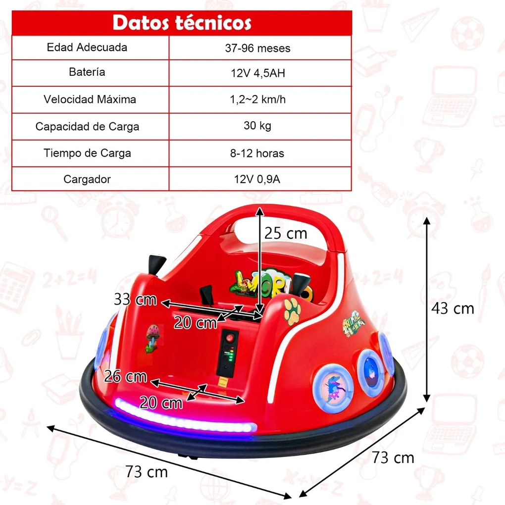 Carrinho de choques para crianças 12V com rotação de 360°, Luzes, controlo remoto, Música 73 x 73 x 43cm Vermelho