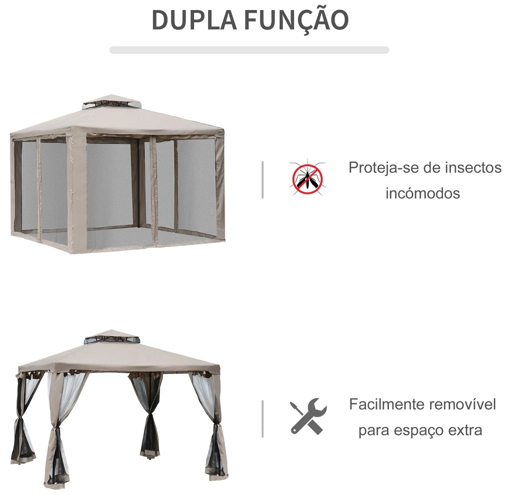 Outsunny Pérgola de Jardim 3x3m Pérgola de Exterior com Duplo Teto de Ventilação 8 Orifícios de Drenagem e 4 Telas Mosquiteiras com Fecho de Correr para Festas Pátio Marrom Cáqui