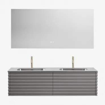 Conjunto De Móvel De Casa De Banho Suspenso 160x50 Cm Em Madeira Com Lavatórios Integrados Noura Cinza Níquel & Retangular - Sklum