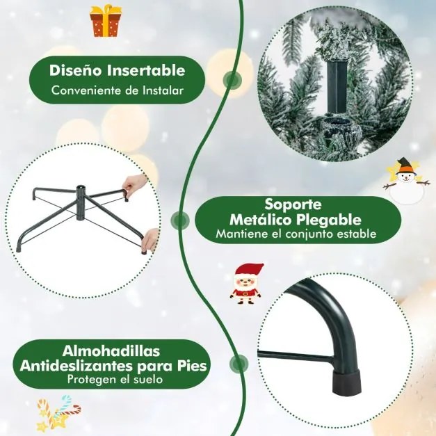 Árvore de Natal com neve de 135 cm com 737 ramos, 120 luzes LED quentes (DECORAÇÃO NÃO INCLUIDA) e design com dobradiças verdes