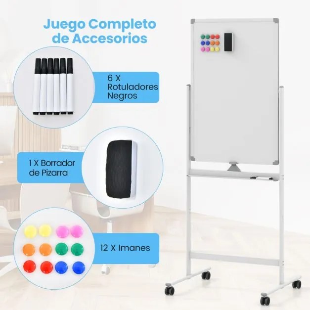 Quadro magnético móvel para apagar a seco 60x90cm Dupla face com suporte Rodas 360° Altura ajustável 151-178cm na escola Escritório Branco