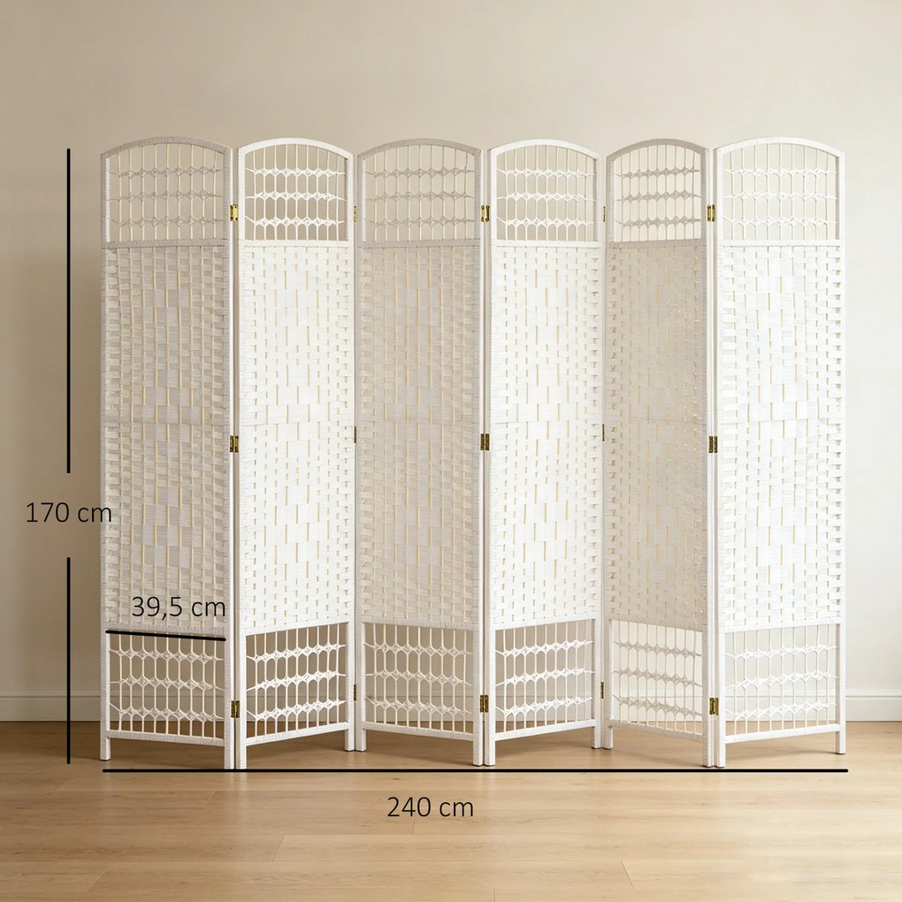 Biombo Separador de Ambientes de 6 Painéis Dobrável em Corda de Papel 160x170 cm Decoração para Quarto Branco