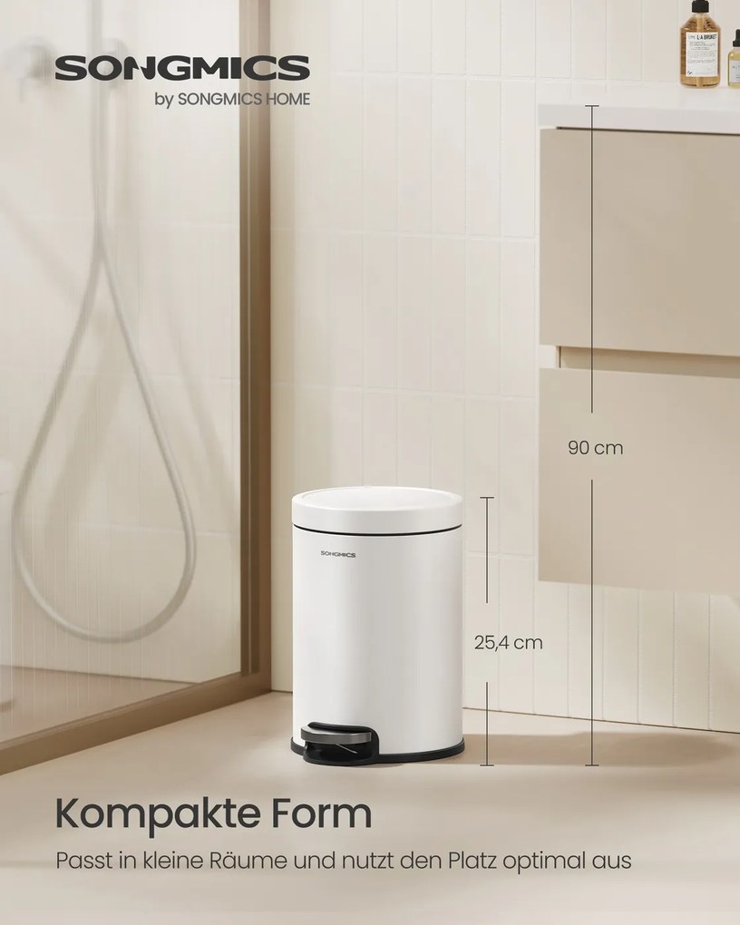 Cesto Lixo Casa Banho com 3 litros de capacidade e tampa com fecho suave 22,4 x 17,3 x 25,4 cm Branco