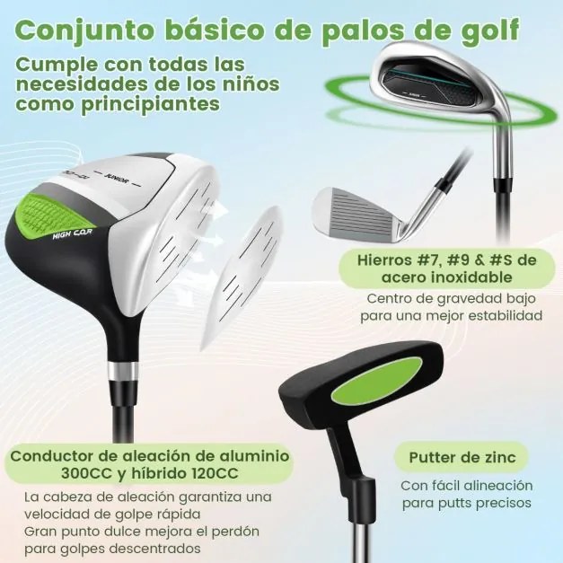 Conjunto de tacos de golfe para crianças dos 11 aos 13 anos, incluindo saco de apoio com capuz para chuva Driver n.º 1 Híbrido n.º 5 Ferros e Putter n