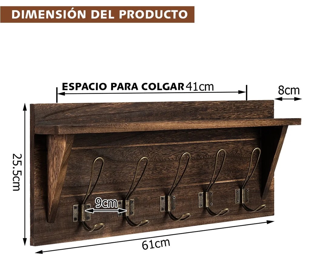 Cabide Rústico de Parede com Ganchos Metálicos e Prateleira 100% Madeira Natural Paulonia  61 x 25,5 x 8 cm Castanho