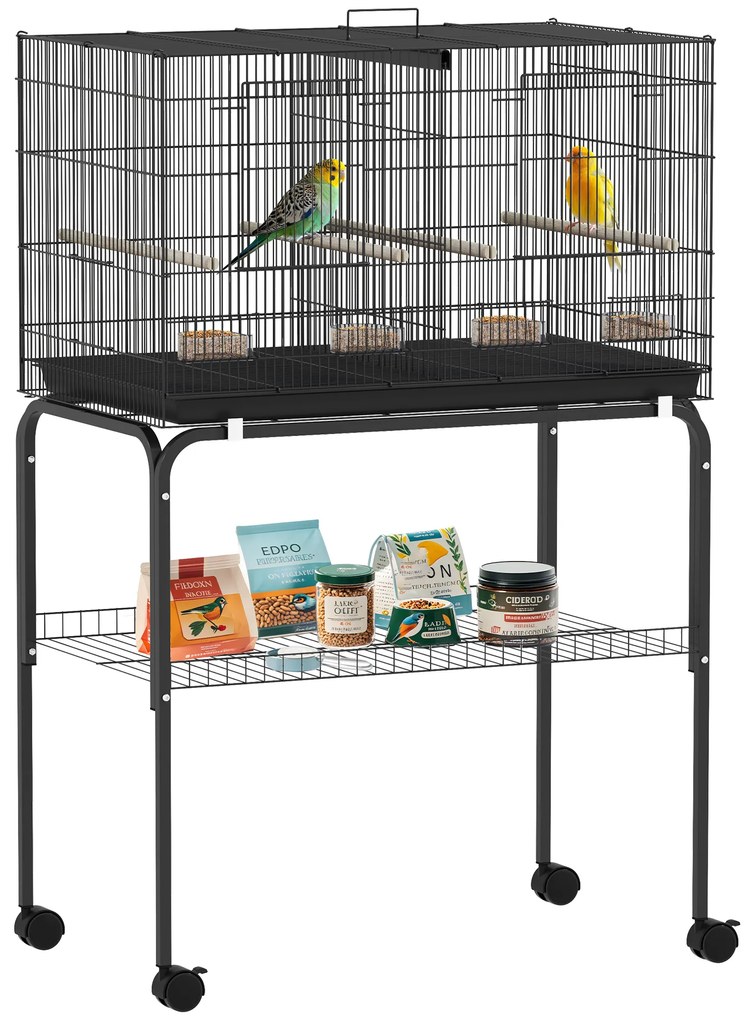 Gaiola para Pássaros com Divisória Rodas Gaiola para Aves com Comedouros Poleiros e Bandeja Removível 76x46x116 cm Preto