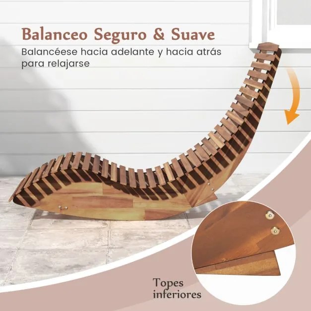 Espreguiçadeira de madeira de acácia baloiço para jardim exterior com assento de ripas largas, encosto alto, carga máxima de 160 kg, 157 x 60 x 76 cm,