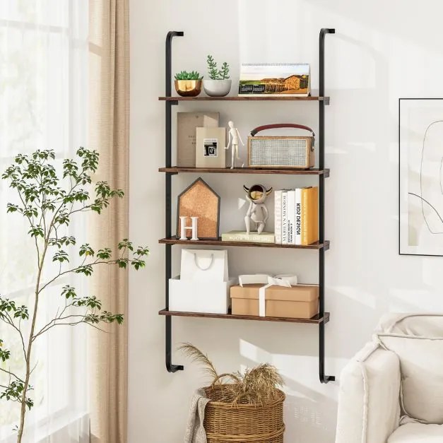 Estante de parede flutuante de 4 níveis Estante tipo escada com Moldura de metal 70 x 20,5 x 150 cm Castanho