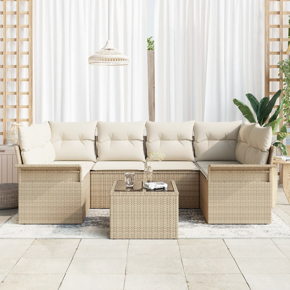Conjunto de Sofá de Jardim de 7 Peças com Almofadas Bege de Polivime