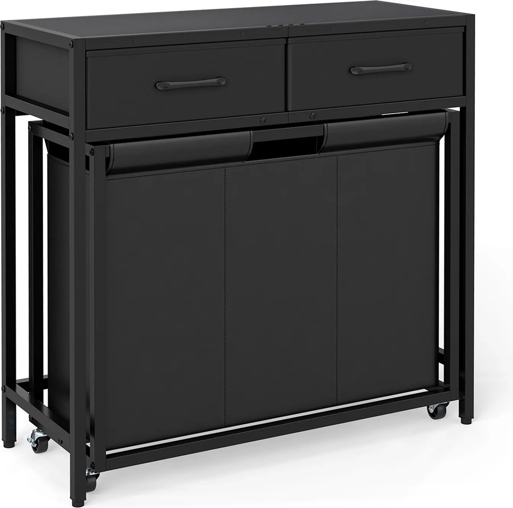 Cesto para Roupa Suja com Rodas, 80 x 32 x 77 cm, Três Compartimentos, Preto