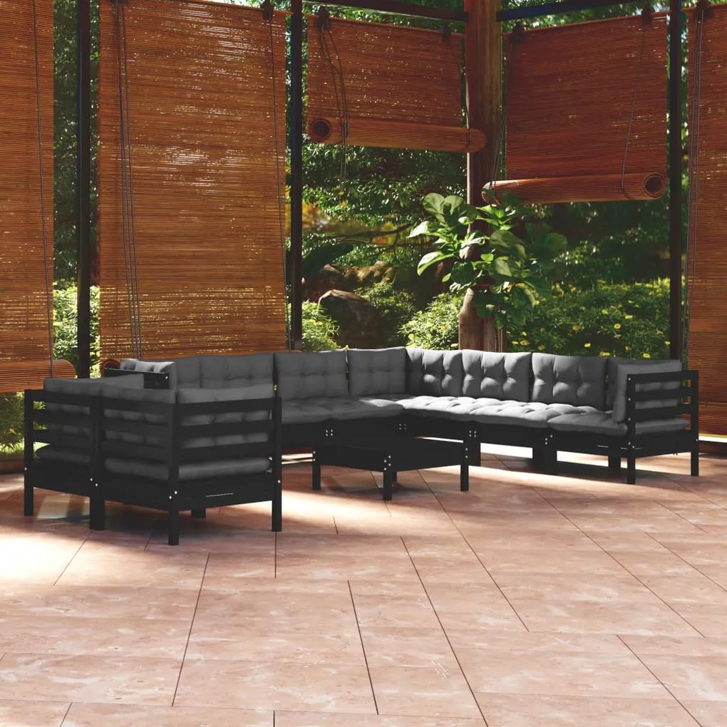 vidaXL 10 pcs conjunto lounge jardim c/ almofadões pinho maciço preto