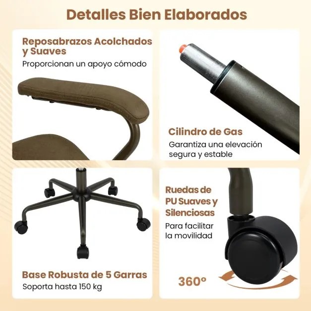 Cadeira de escritório com altura ajustável, braços acolchoados e rodas Capacidade de carga de 150 kg. 68 x 66 x 85-92 cm. Cor: verde-oliva.