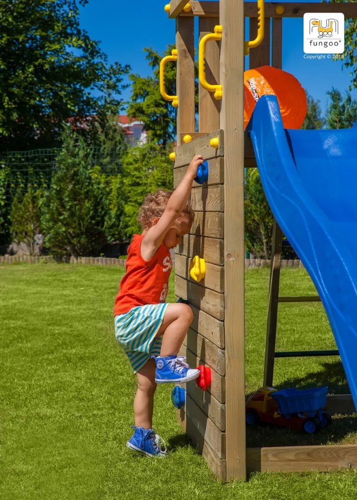 Parque infantil Crianças Exterior CAROL2 Com Escorrega, 1 baloiço, parede escalada, escada degraus metálicos