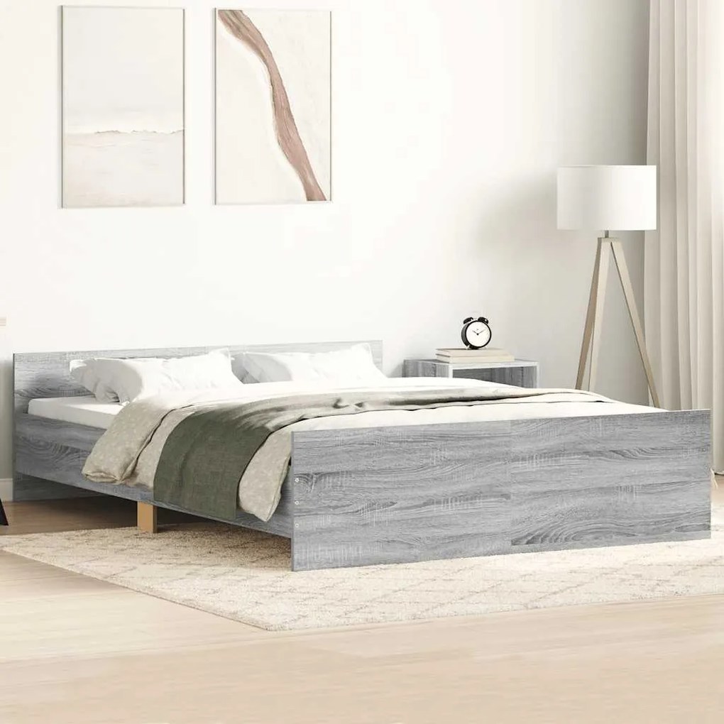Estrutura de cama c/ painéis de cabeceira e pés cinzento sonoma