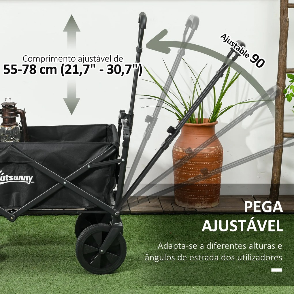Carrinho de Transporte Dobrável com Toldo Removível e Alça Ajustável Capacidade 100 kg para Campismo 97x52x105 cm Preto