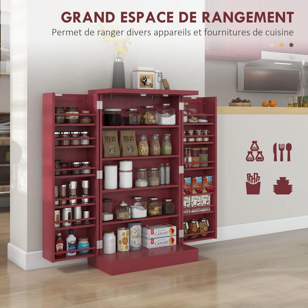 Armário de cozinha para despensa 60 x 30 x 104 cm com 2 portas, 5 prateleiras e 12 suportes para especiarias vermelho