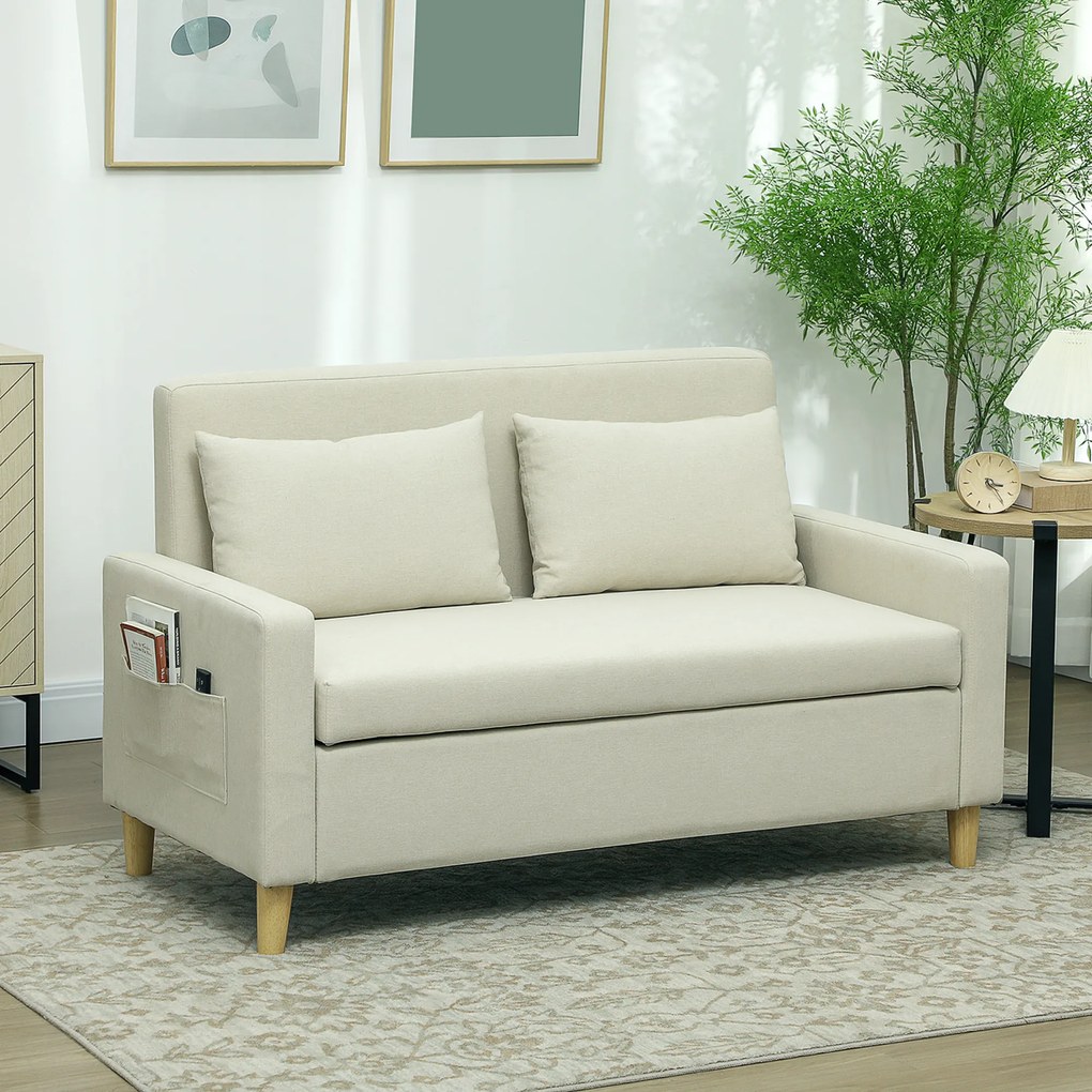 Sofá de 2 Lugares Estofado em Linho Sintético com Espaço de Armazenamento 2 Almofadas e Pés de Madeira 135x71x84 cm Bege