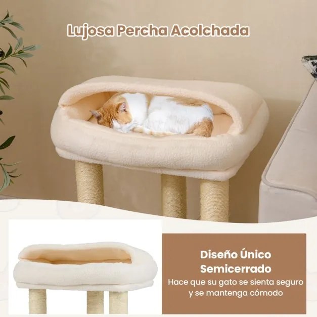Arranhador para gatos com cama acolchoada, plataforma de salto e postes de sisal para arranhar para espaços pequenos 47,5 x 47,5 x 61 cm Branco
