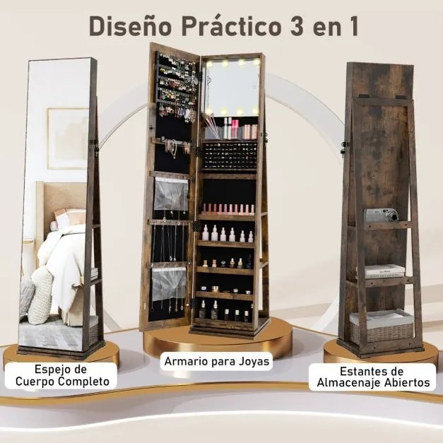 Armário giratório de 360° para joias com espelho de corpo inteiro 43 x 38 x 160 cm e prateleiras Espelho de maquilhagem Castanho