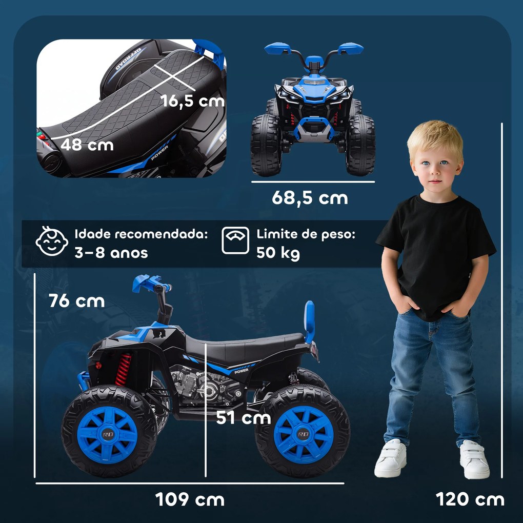 Moto 4 Elétrica para Crianças 24V com 2 Lugares 2 Motores Velocidade até 6,5 km/h Faróis Buzina Música e USB 109x68,5x76 cm Azul