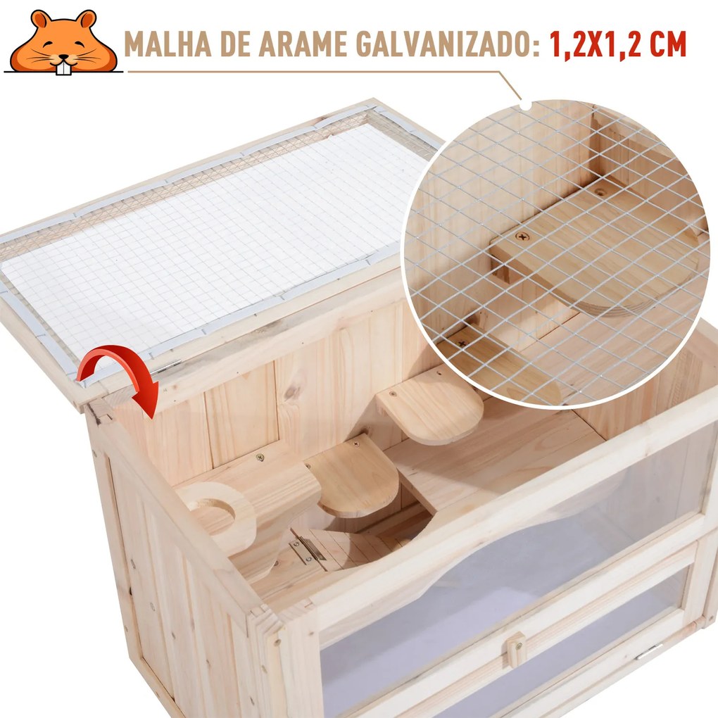 Gaiola de madeira de hamster Casa de roedores para pequenos animais 2 níveis 60x35x42cm