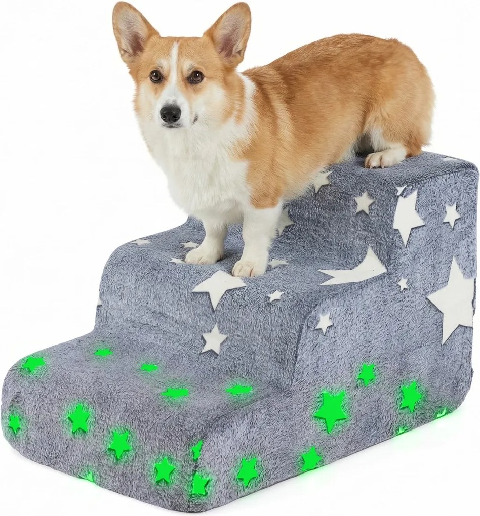 Escada de espuma  luminescente com 3 degraus para cães 60 x 40,5 x 39 cm, com base antiderrapante e capa lavável de alta densidade e, para animais de