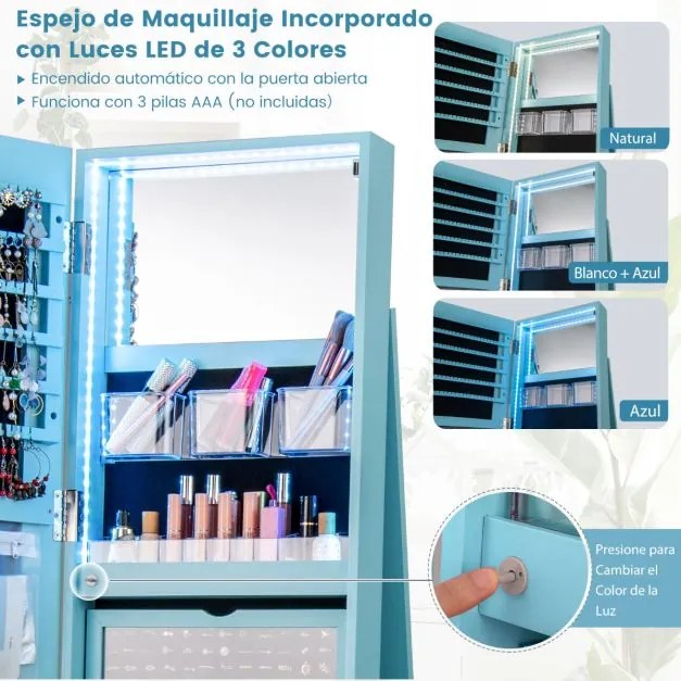 Armário joias giratório com Espelho de corpo inteiro 360° com luzes LED Prateleiras de armazenamento 54,5 x 161 cm Azul