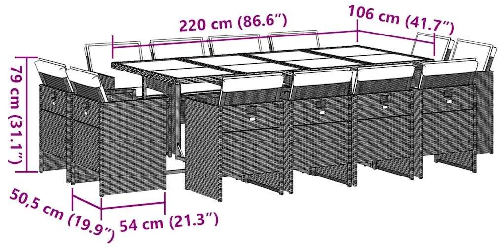 13 pcs conj. jantar jardim c/ almofadões vime PE cinzento-claro
