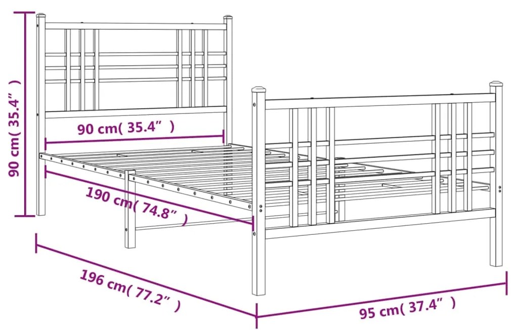 Estrutura de cama com cabeceira e pés 90x190 cm metal preto