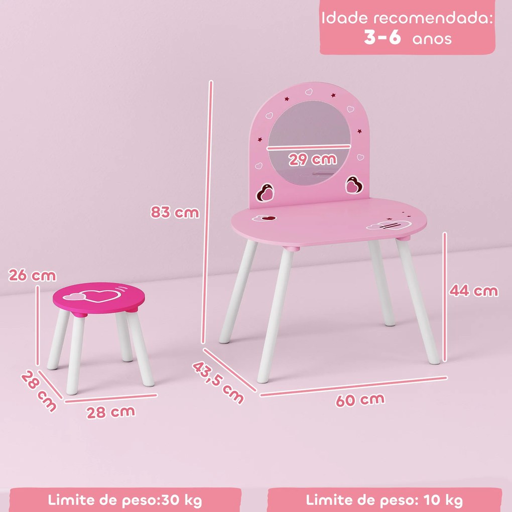 Toucador Infantil com Banco e Espelho Toucador para Meninas com Desenhos de Corações  60x43,5x83 cm  Rosa