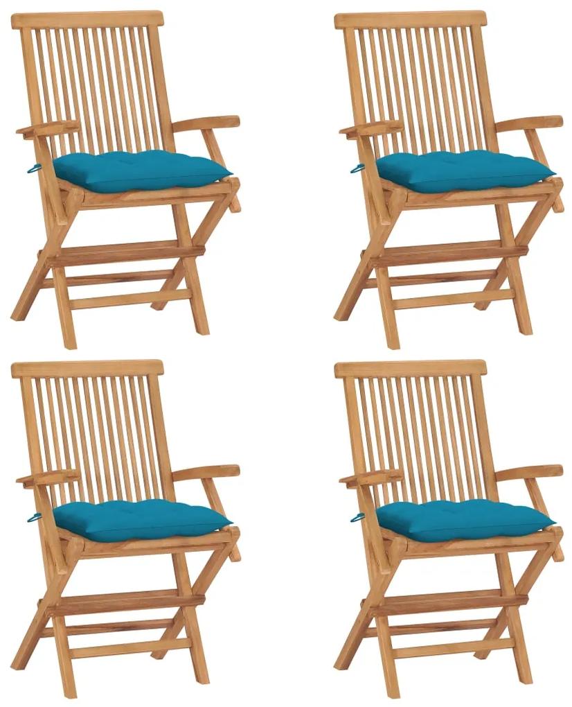 Cadeiras de jardim c/ almofadões azuis-claros 4 pcs teca maciça