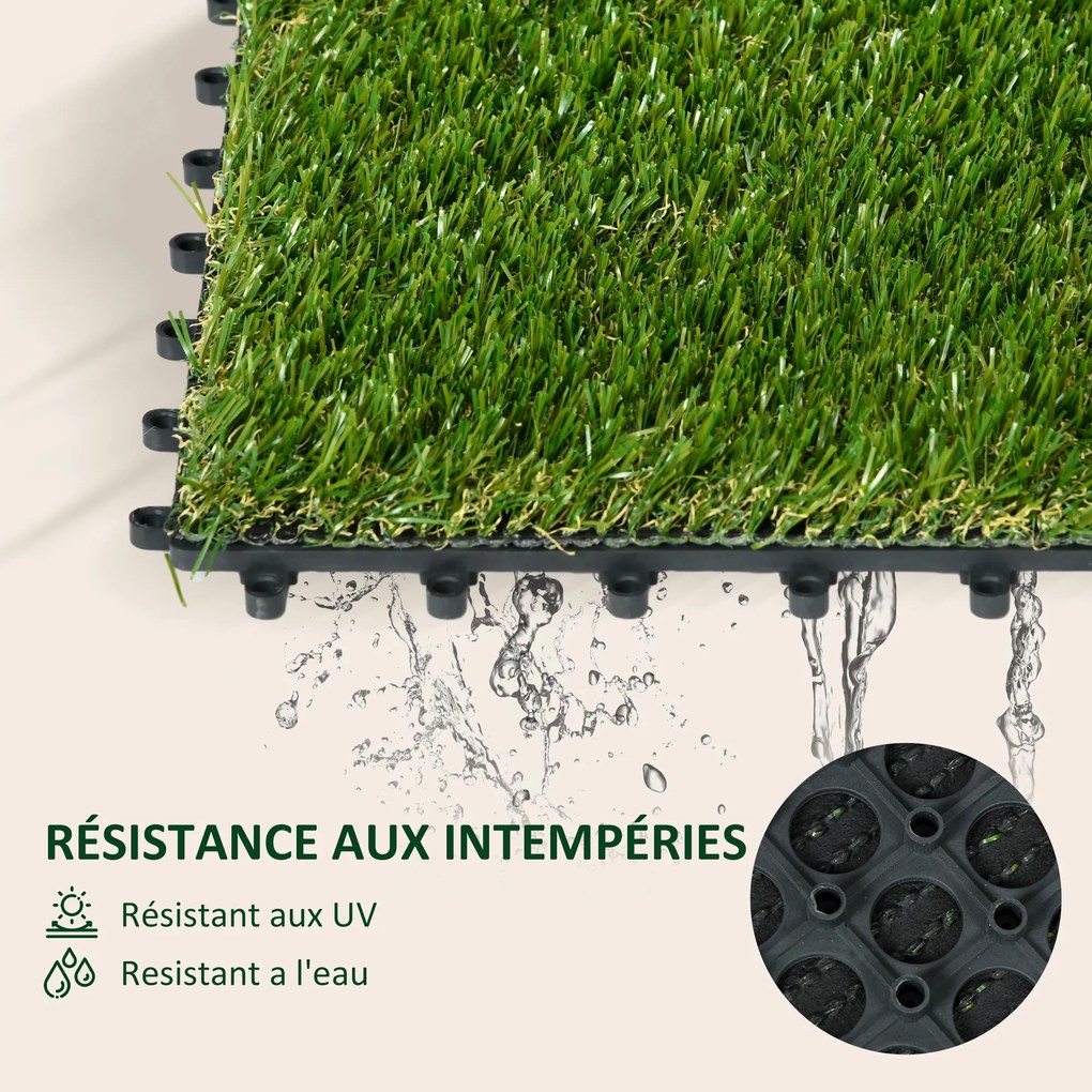 Conjunto de 10 placas quadradas de 30 x 30 cm Relva sintética artificial espessura «Conforto» de 3,5 cm, encaixáveis, verde