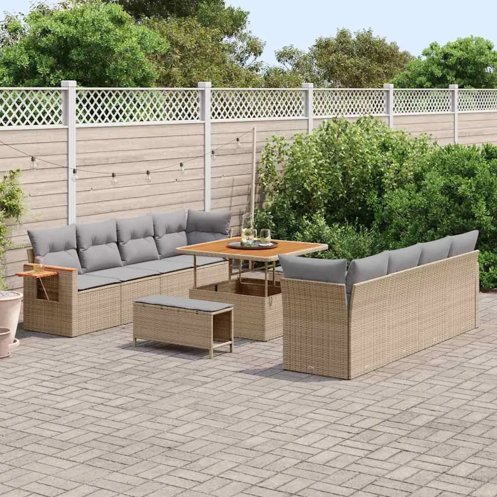 Conjunto de Sofá de Jardim vidaXL com Almofadas Bege Rattan Poliéster