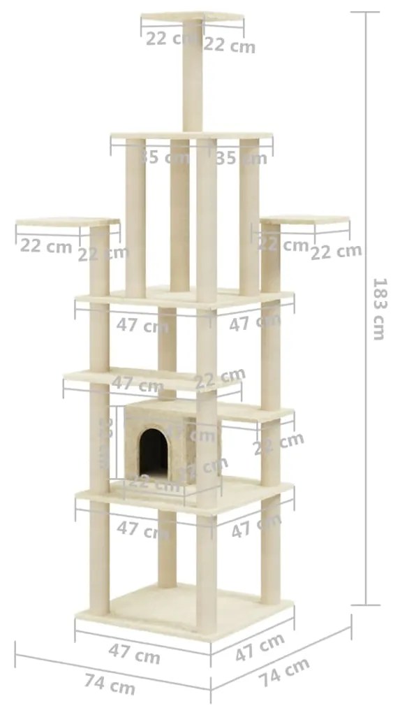 Árvore para gatos c/ postes arranhadores sisal 183 cm cor creme