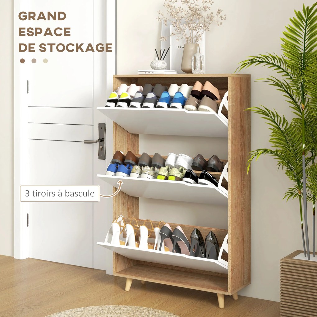 Spateira, Armário para sapatos com 3 portas basculantes e prateleira ajustável, 72 x 24 x 119 cm, em tom natural e branco