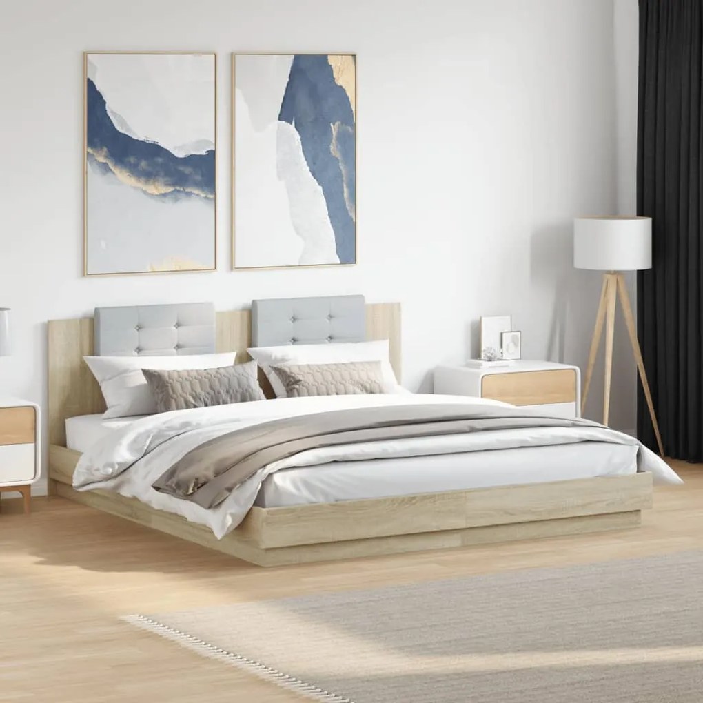 Estrutura cama c/ cabeceira/luzes LED 200x200cm carvalho sonoma
