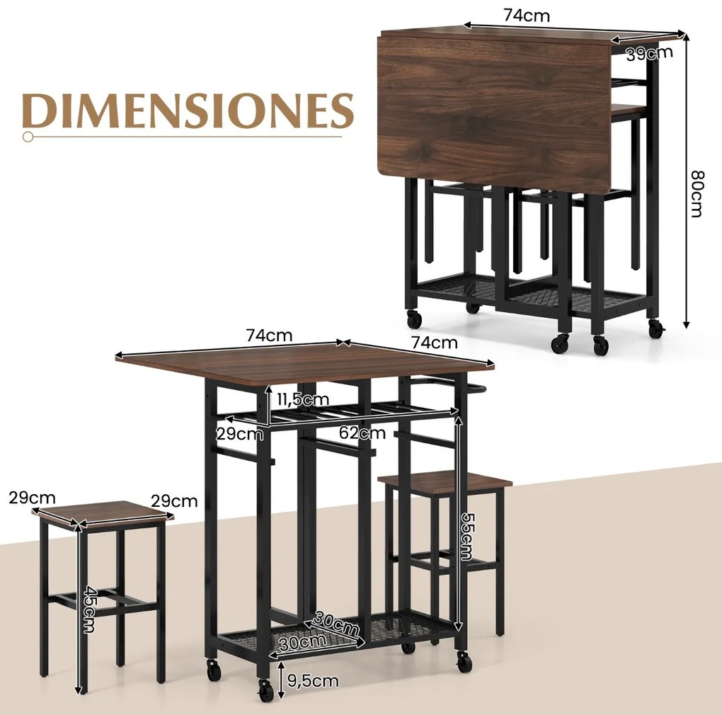 Conjunto de mesa de jantar alta dobravel com 2 bancos Estante para 6 garrafas, prateleiras e pega lateral para cozinha Castanho