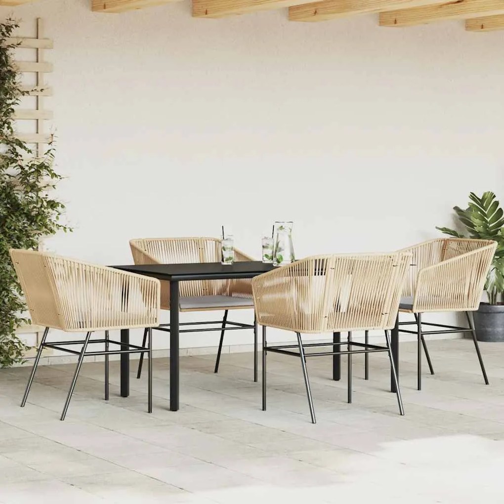 Conjunto jantar jardim 5 peças almofadas vidro vime PE castanho