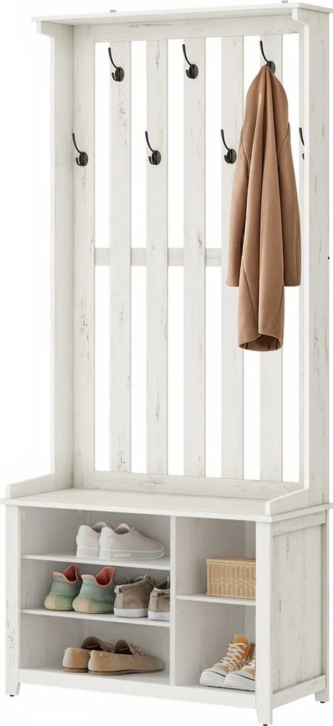 Armario cabide entrada com ganchos 81 x 35 x 180 cm, cabideiro com banco, porta-casacos com ganchos Branco