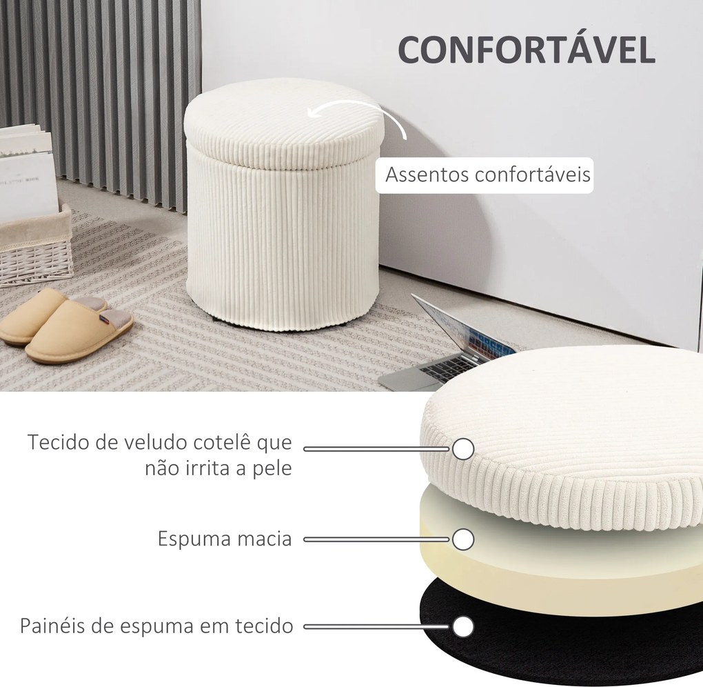 Puff de Arrumação Baú de Arrumação Redondo Estofado em Veludo Cotelê Tampa Removível Ø40x41 cm Creme