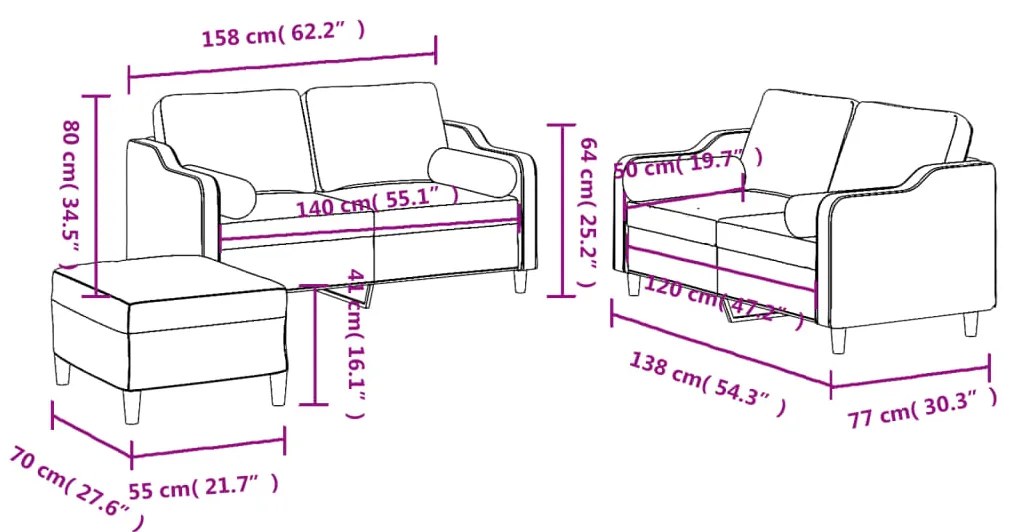 3 pcs conjunto de sofás com almofadas tecido cinza-acastanhado