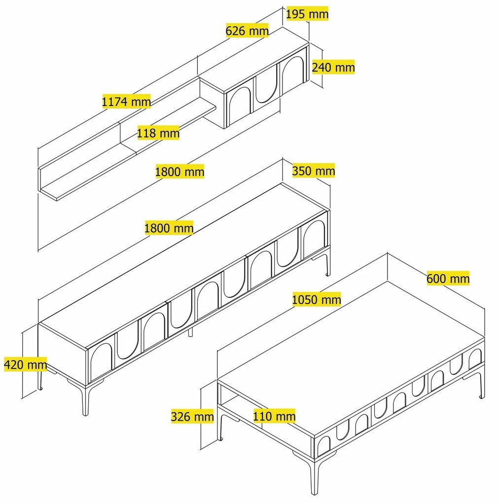 Conjunto de Mobiliário de Sala Lyon – Atlas Black – TV Unit 180x42x35