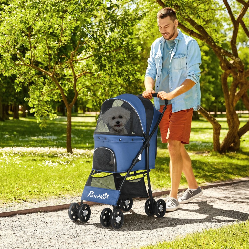 Carrinho para Cães Dobrável para Cães Pequenos com Cesta de Armazenamento Capota Ajustável Janela de Malha 81x48x99 cm Azul