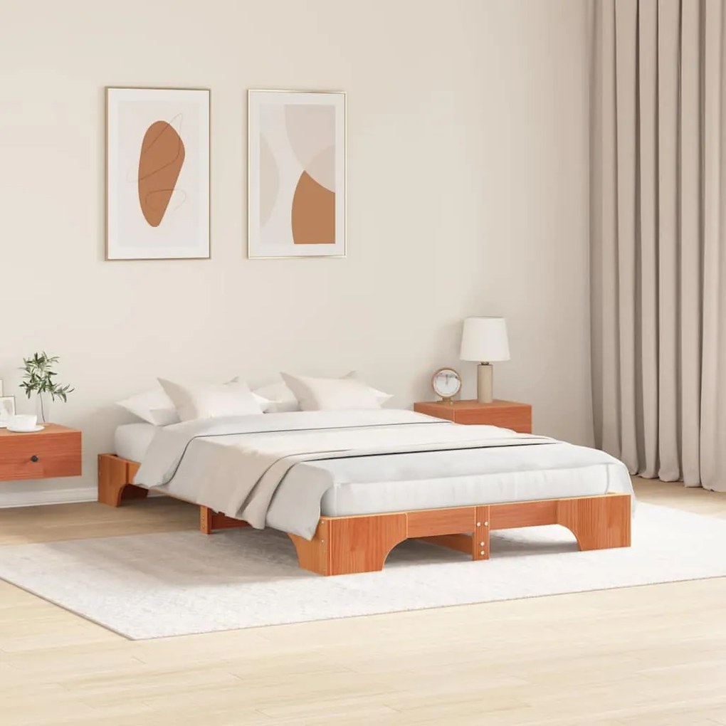 Cama Castanho Encerado 140x190 cm de Madeira de Pinho Maciça
