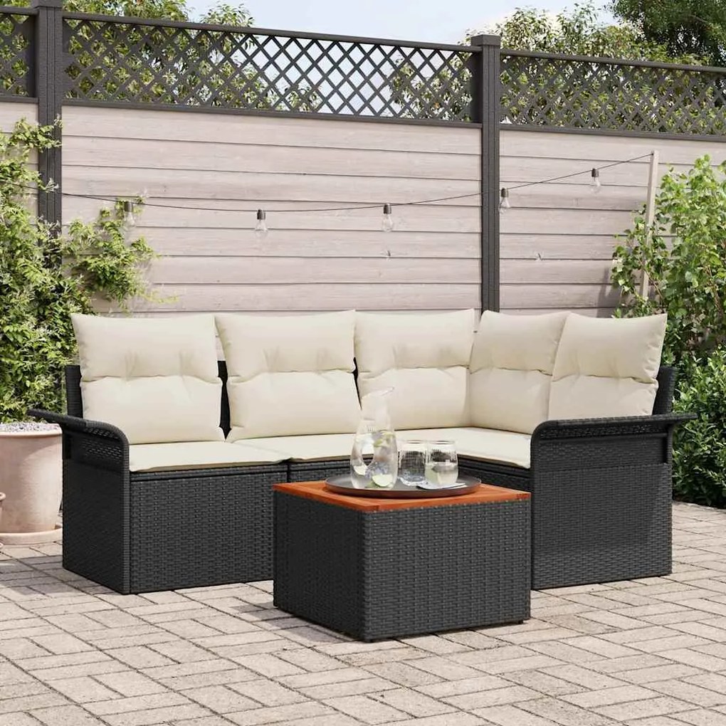 vidaXL Conjunto de Sofás de Jardim 5 Peças com Almofadas Pretas em Rattan de Polietileno e Acácia