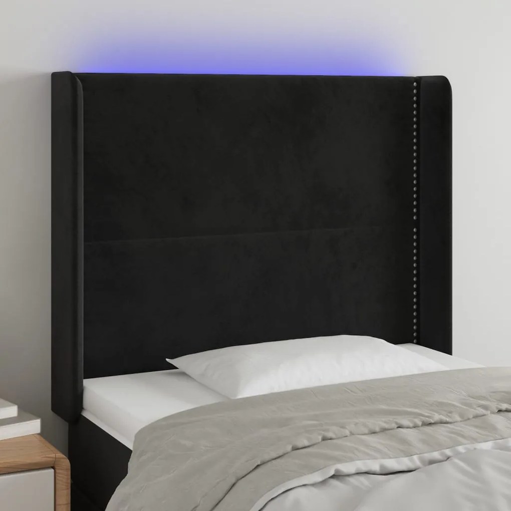 Cabeceira de cama c/ luzes LED veludo 83x16x118/128 cm preto