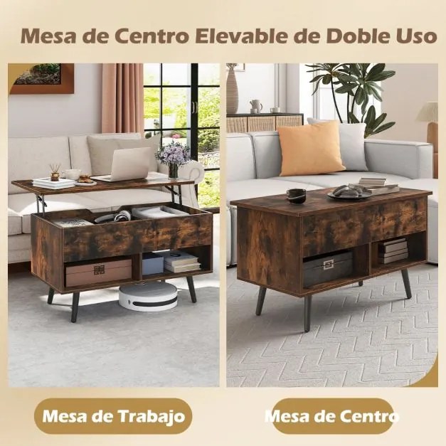 Mesa de centro 80 x 40 x 44,5 cm elevável em madeira com compartimento oculto e 2 prateleiras abertas café