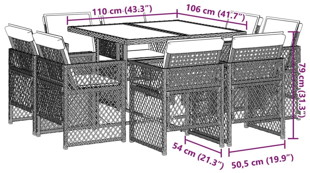 9 pcs conjunto de jantar p/ jardim com almofadões vime PE bege