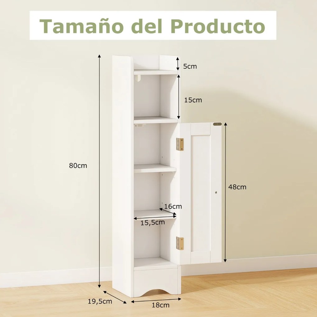 Armário estreito para casa de banho com porta e prateleiras ajustáveis, suporte para rolo de papel higiénico 18 x 19,5 x 80 cm Branco